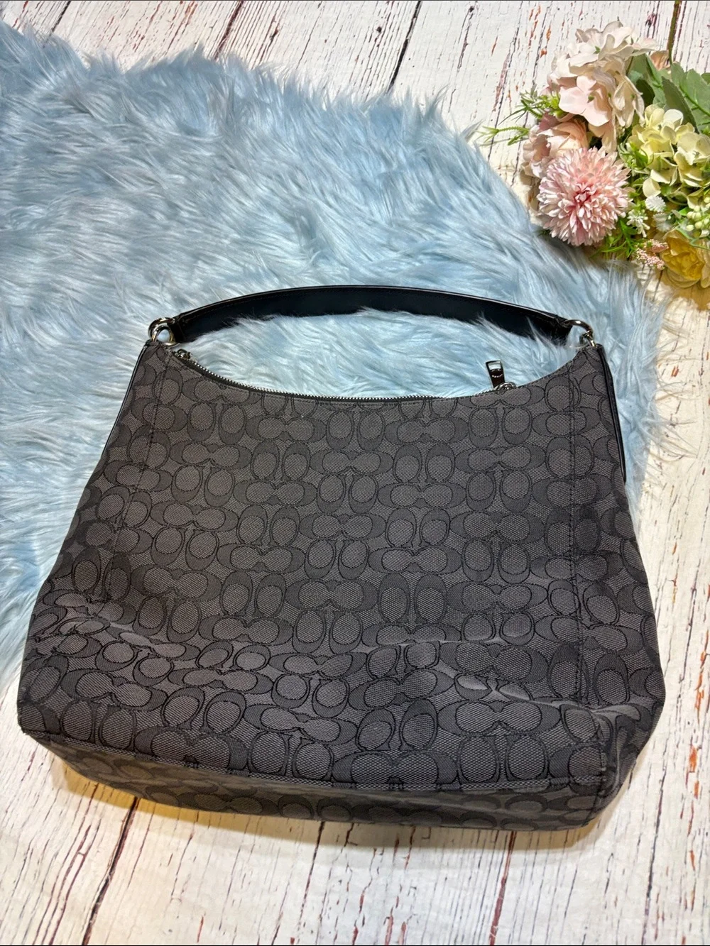 Coach Celeste Hobo Black Smoke Signature Tote Bag Canvas Monogram